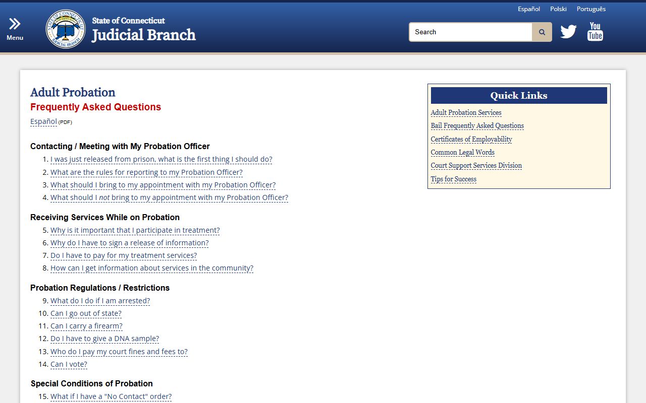 Connecticut Adult Probation FAQ page with common questions and answers