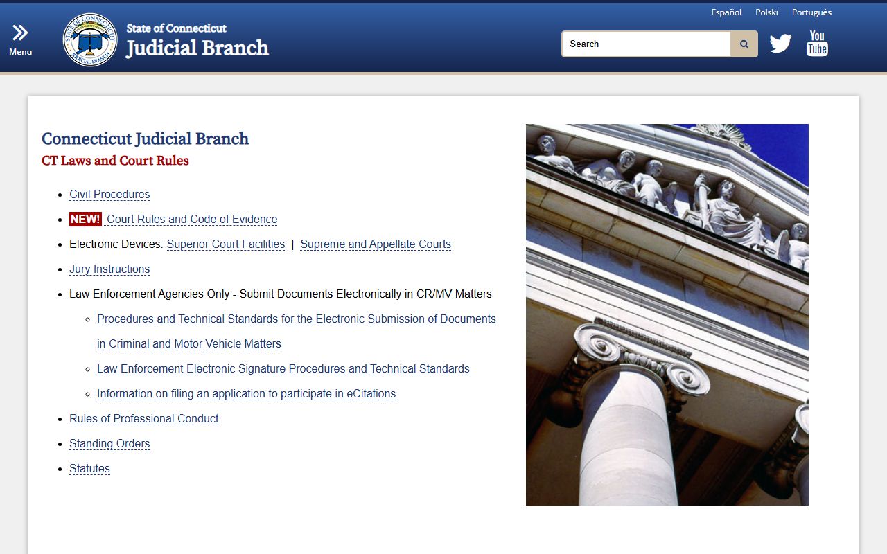 Connecticut laws and court rules page showing statutes and legal resources